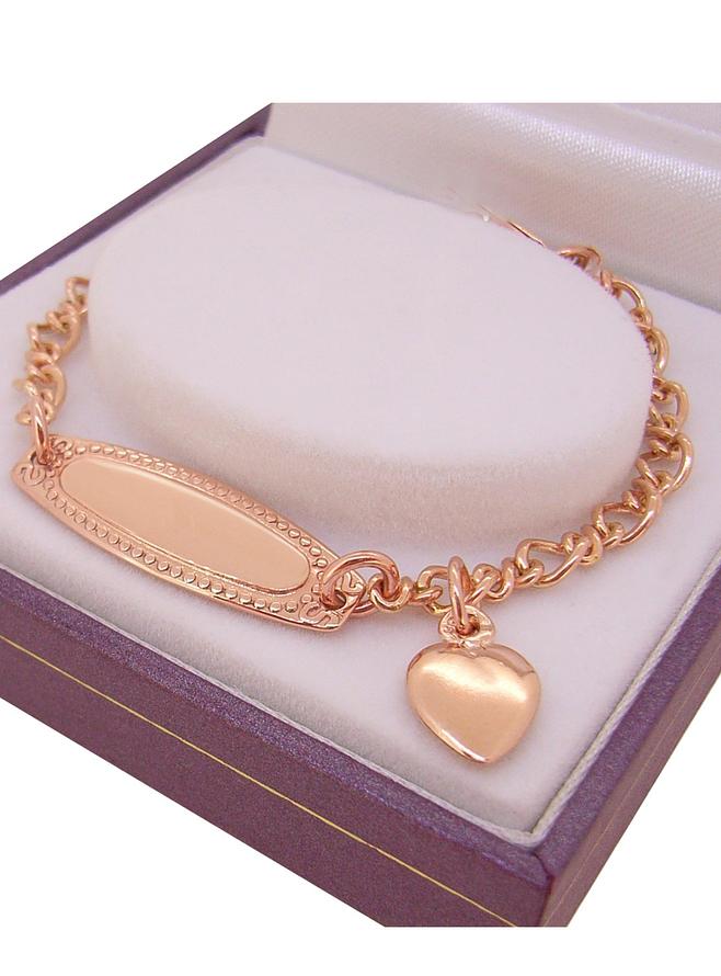 Baby Child Solid 9ct Rose Gold Love Heart Charm Figaro Identity Bracelet