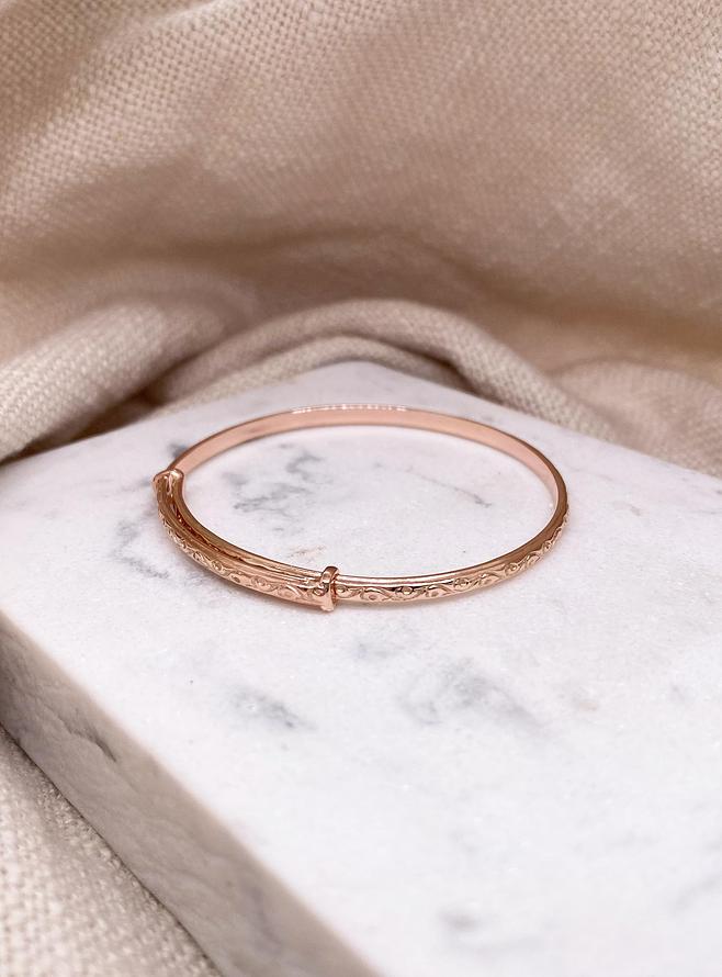 Baby to Adult Solid 9ct Rose Gold Filigree Expanding Bangle