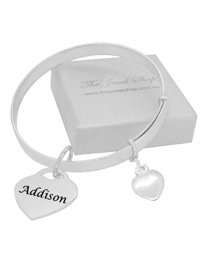 Sterling Silver Personalised Heart Tag Charm Expanding 4mm Flat Bangle