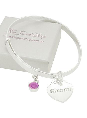 Personalised 14mm Heart Charm and Birthstone Expandable 4mm Flat Bangle