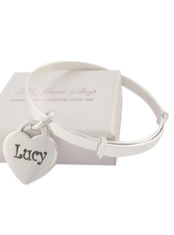 Sterling Silver Personalised 14mm Heart Tag Charm Expanding 4mm Bangle