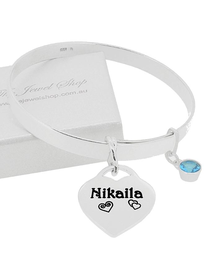 Sterling Silver 5mm Flat Expanding Birthstone Bangle With19mm Love Heart Tag Charm