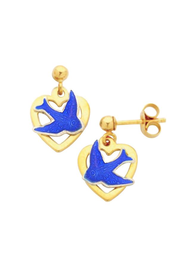 Bluebird of Happiness Open Heart Ball Stud Earrings in Hard Gold Plating
