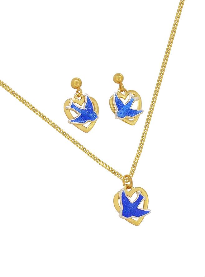 Bluebird of Happiness Hard Gold Plated Love Heart Charm Necklace Earrings Set