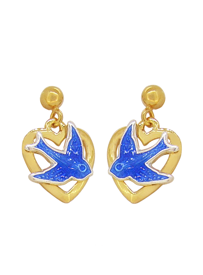 Bluebird of Happiness Open Heart Ball Stud Earrings in 9ct Yellow Gold