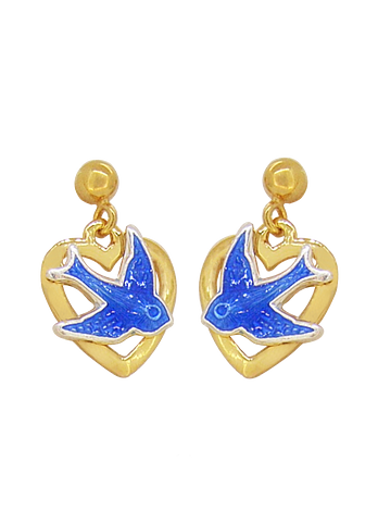 Bluebird of Happiness Open Heart Ball Stud Earrings in 9ct Yellow Gold