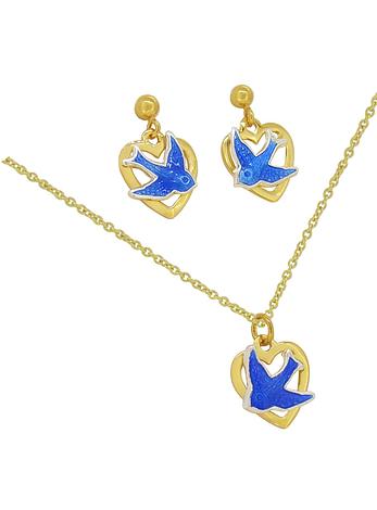 Bluebird of Happiness 9ct Gold Love Heart Charm Necklace Earrings Set