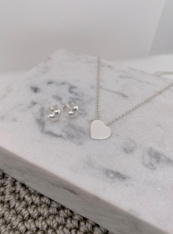Minimalist Love Heart Earrings and Necklace Set in Sterling Silver