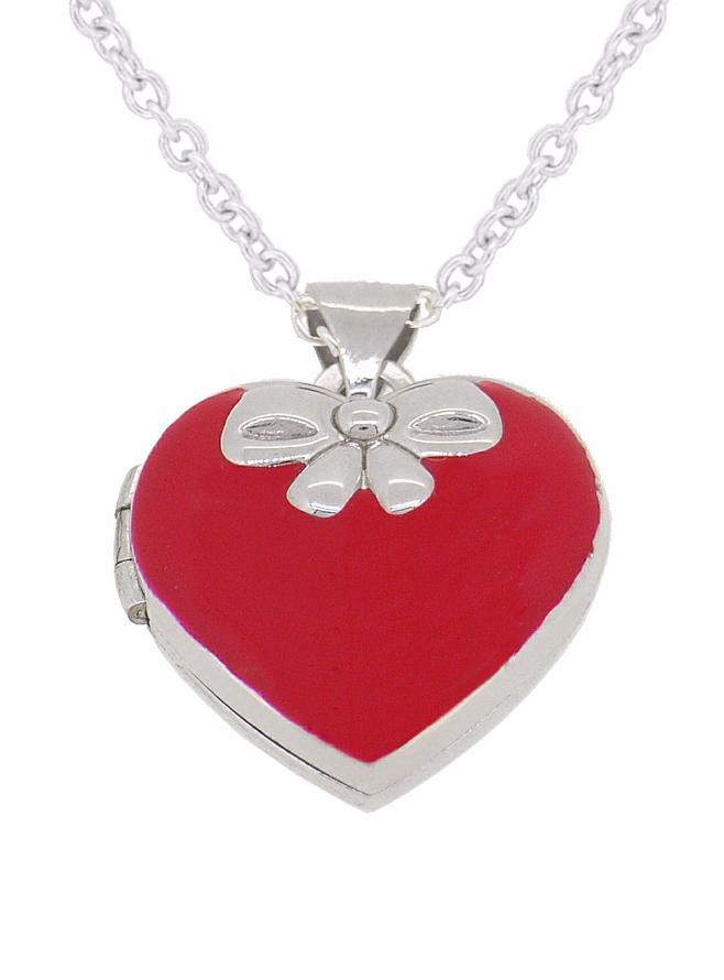 Love Heart Bow Red Photo Locket Necklace in Sterling Silver
