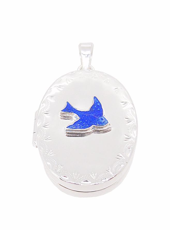 Oval Bluebird of Happiness Photo Locket Necklace in Sterling Silver