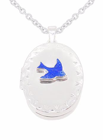 Oval Bluebird of Happiness Photo Locket Necklace in Sterling Silver
