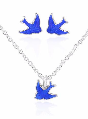 Bluebird of Happiness Charm Necklace and Earrings Set in Sterling Silver