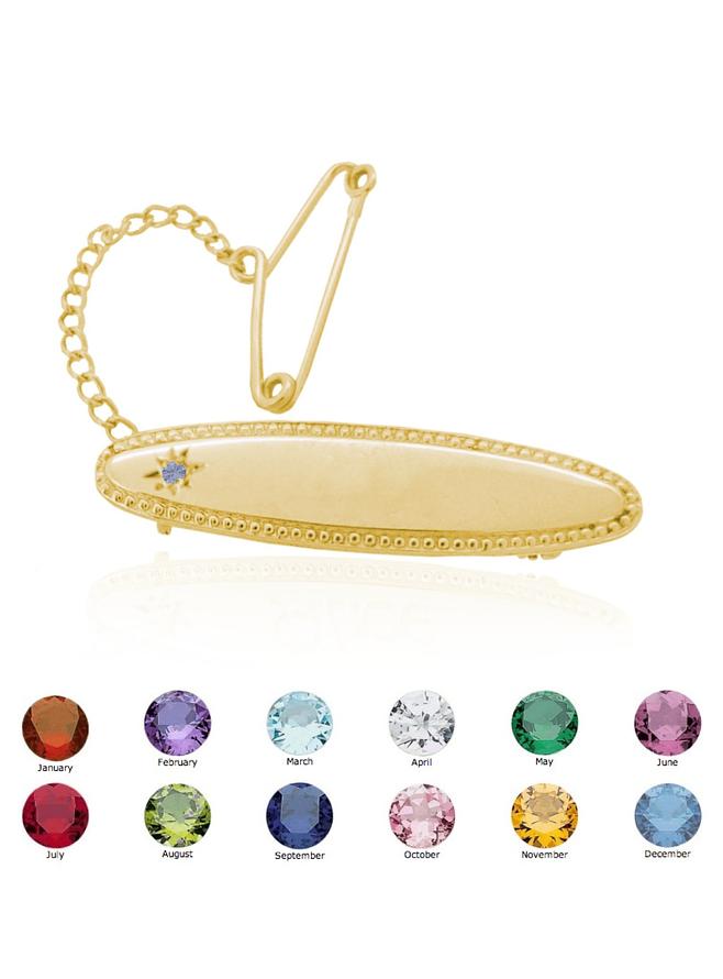 Birthstone Identity Name Baby Brooch in 9ct Gold