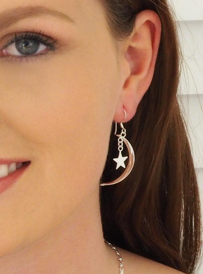 Stars Cresent Moon Earrings in Sterling Silver