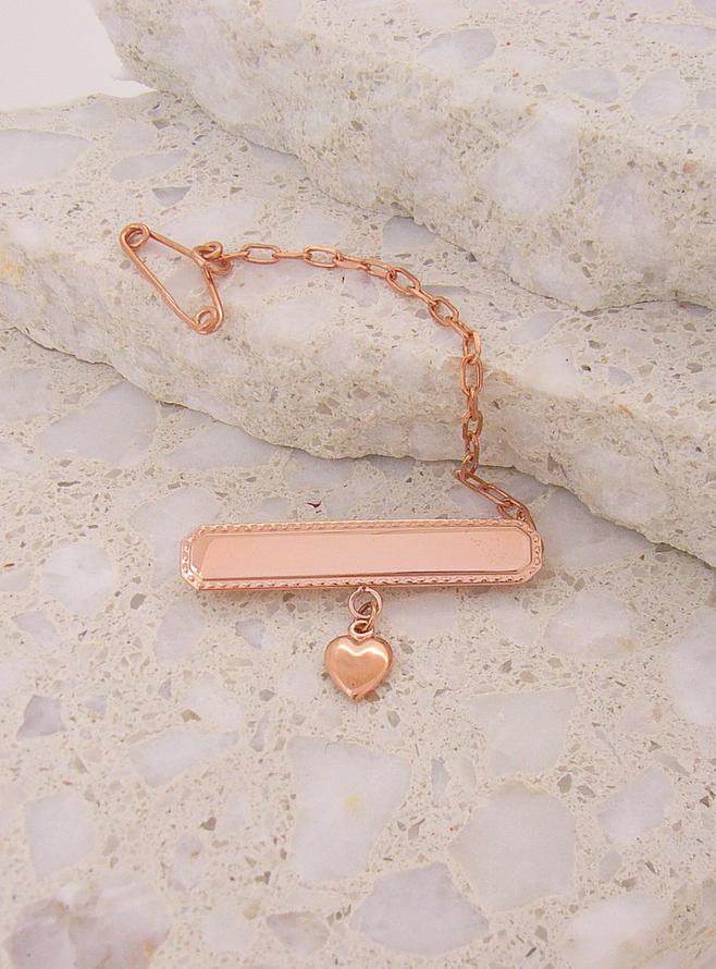 Heart Charm Identity Name Baby Brooch in 9ct Rose Gold