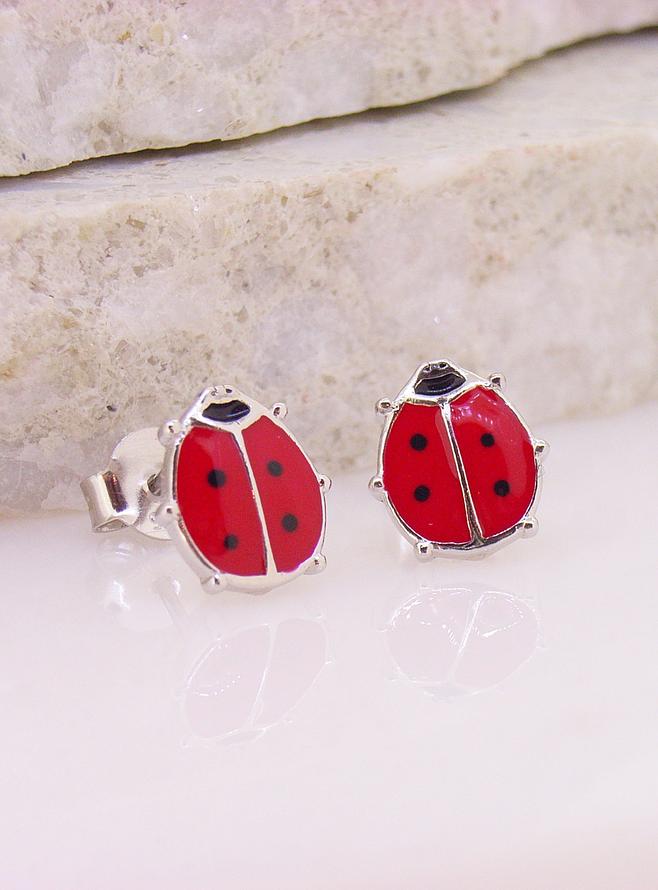 Ladybug Charm Stud Earrings in Sterling Silver