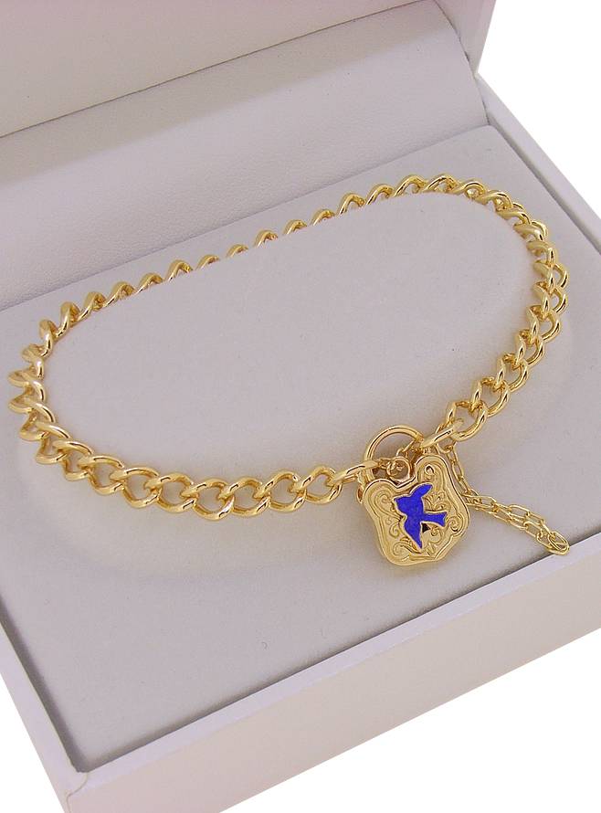 Bluebird Charm Shield Padlock Bracelet in Gold