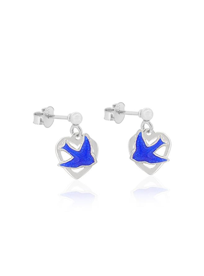 Bluebird of Happiness Heart Ball Stud Earrings in Sterling Silver