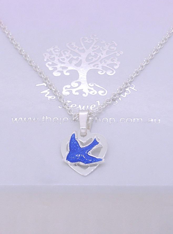 Bluebird Happiness Love Heart Charm Necklace in Sterling Silver