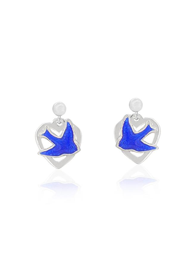 Bluebird Love Heart Charm Necklace Earrings Set in Sterling Silver