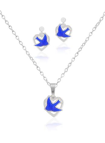 Bluebird Love Heart Charm Necklace Earrings Set in Sterling Silver