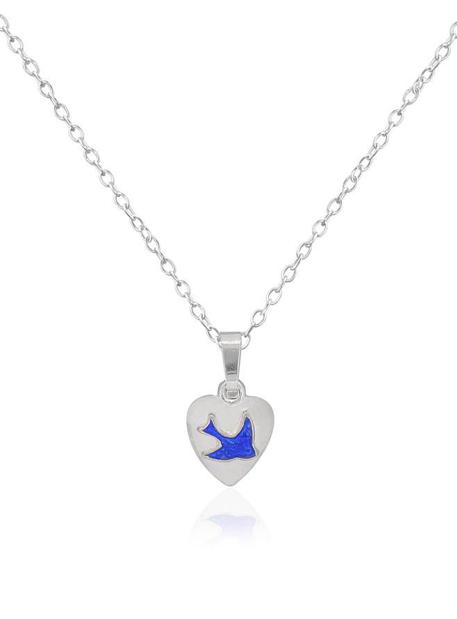 Bluebird Happiness Puffed Heart Charm Necklace in Sterling Silver