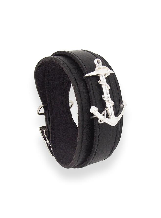 Large Unisex Anchor Leather Cuff Bracelet in Sterling Silver
