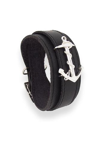 Large Unisex Anchor Leather Cuff Bracelet in Sterling Silver