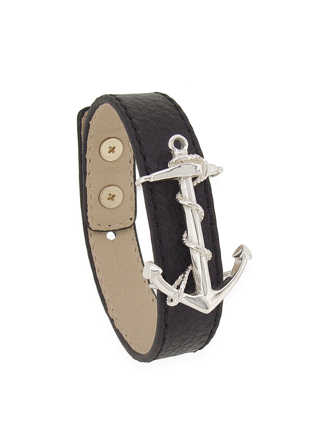 Large Unisex Anchor Leather Bracelet in Sterling Silver