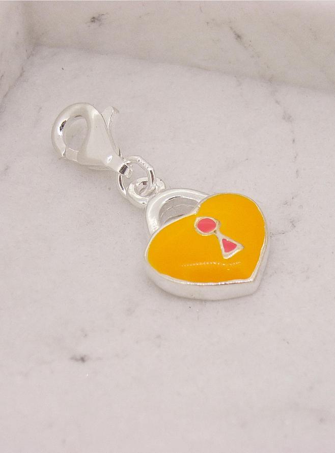 Amber Heart Padlock Clip on Charm in Sterling Silver