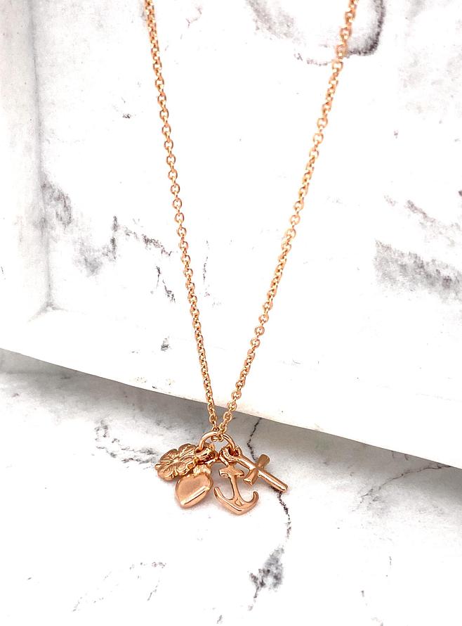Zoe Faith Hope Charity Clover Charm Necklace in 9ct Rose Gold