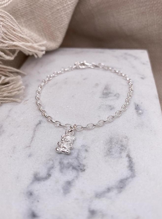 Belcher Chain Teddy Bear Charm Bracelet in Sterling Silver