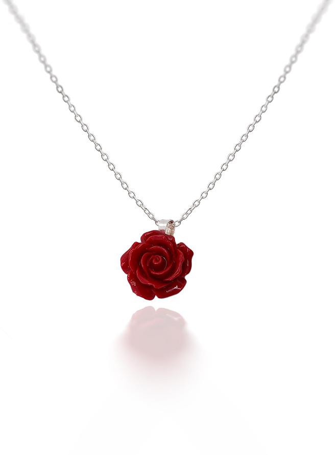 Red Rose Flower Stud Earrings and Necklace