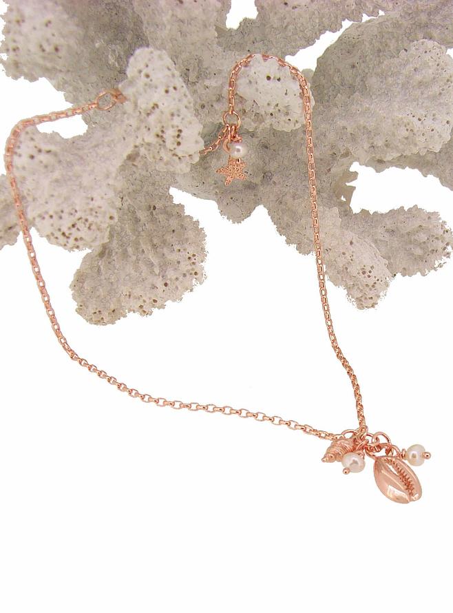 Nalu Seashell Pearl Charm Belcher Anklet in 9ct Rose Gold