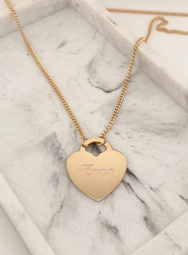 Personalised Large Love Heart Tag Charm Necklace in 9ct Gold