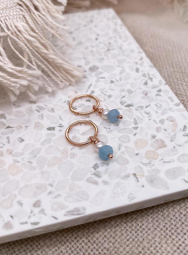Blue Chalcedony Pearl Drops for Sleeper Earrings in 9ct Rose Gold