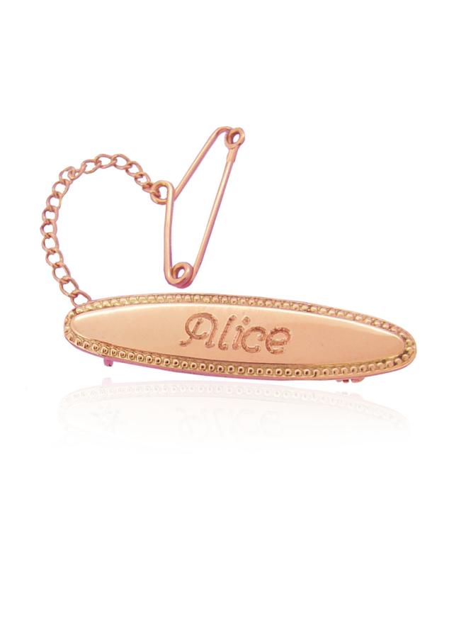 Lightweight Oval Identity Name Baby Brooch in 9ct Rose Gold
