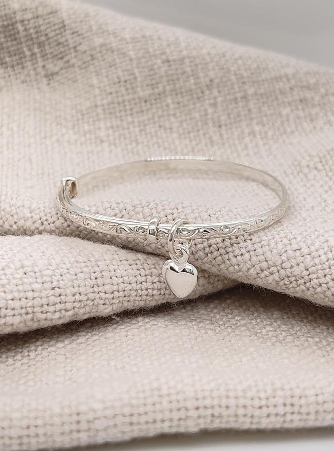 Baby Solid Sterling Silver Filigree Heart Charm Expanding Bangle