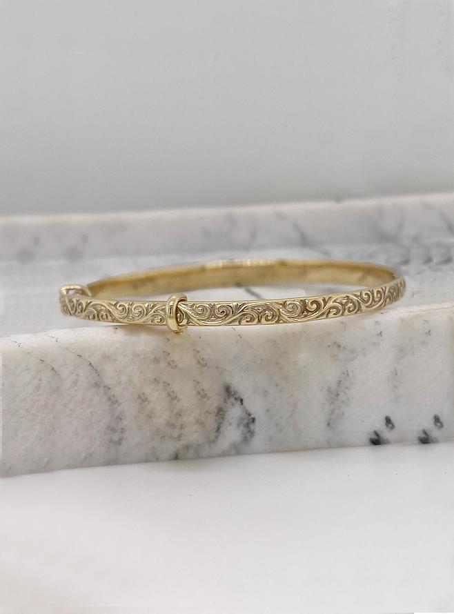 Baby - Adult Filigree 3mm Expanding Bangle in 9ct Gold