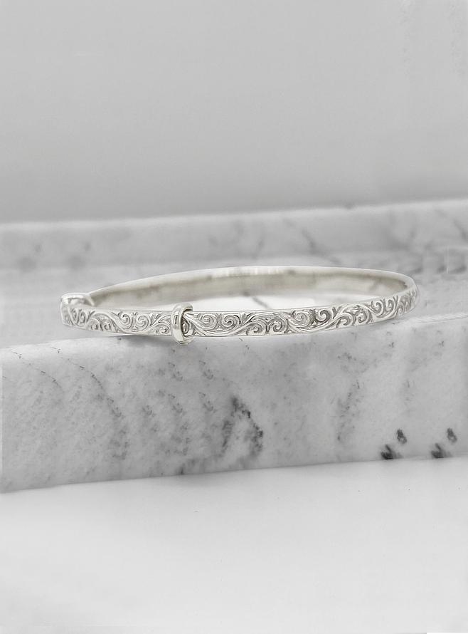 Baby - Adult Filigree 3mm Expanding Bangle in Sterling Silver