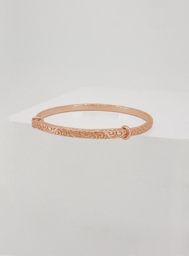Baby - Adult Filigree 3mm Expanding Bangle in 9ct Rose Gold