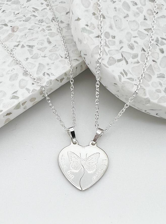 Two Butterfly Break Sisters Charm Necklaces in Sterling Silver