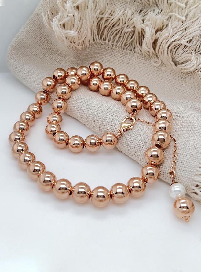 Spherical Pearl Ball Bead Necklace in 14k Rolled Rose Gold