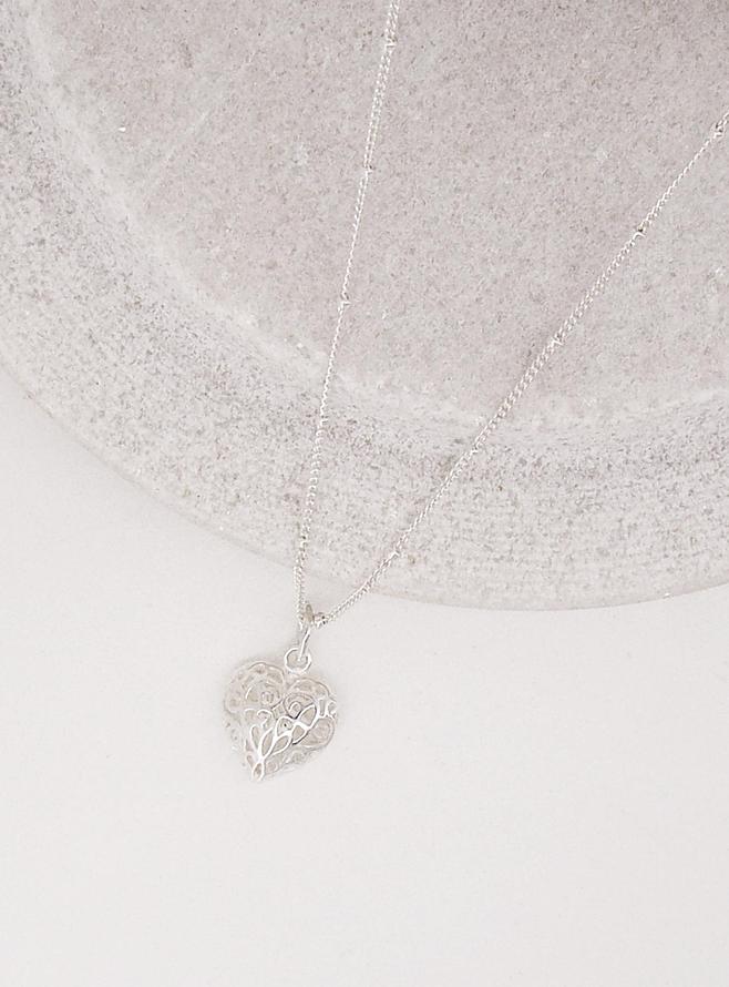 Reagan Filigree Love Heart Charm Necklace in Sterling Silver