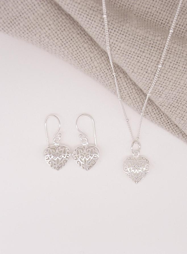 Reagan Filigree Heart Charm Earrings and Necklace in Sterling Silver