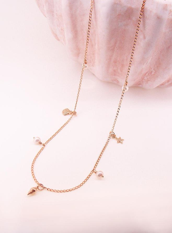 Coco Seaside Pearl Charm Station Necklace in 9ct Rose Gold