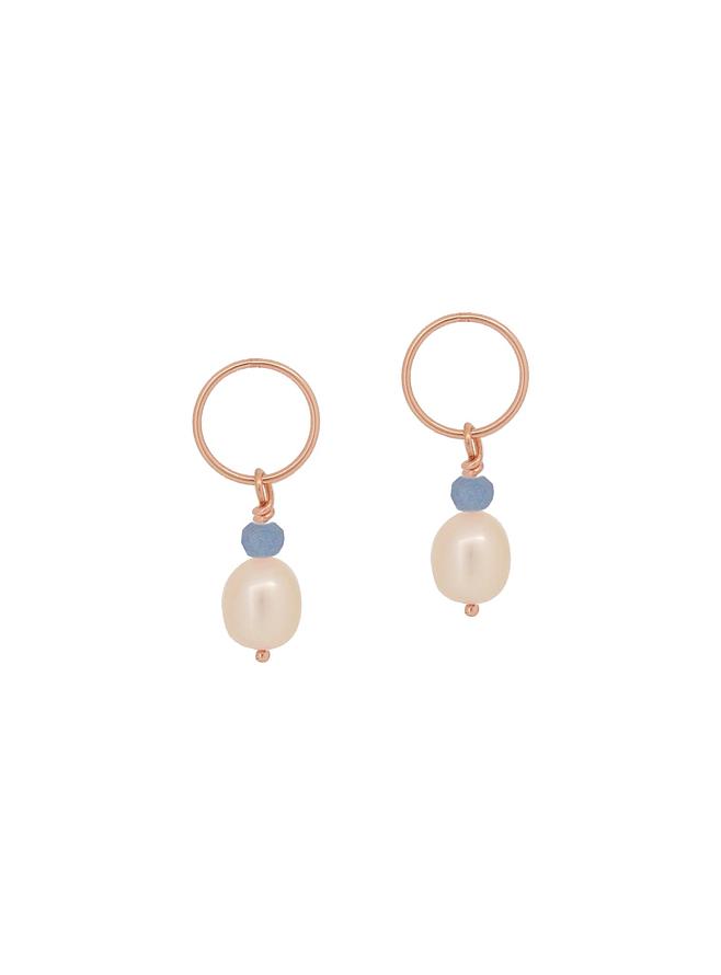 Circle Pearl Blue Chalcedony Charms for Sleeper Earrings in 9ct Rose