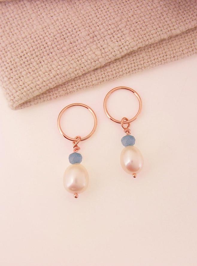 Circle Pearl Blue Chalcedony Charms for Sleeper Earrings in 9ct Rose