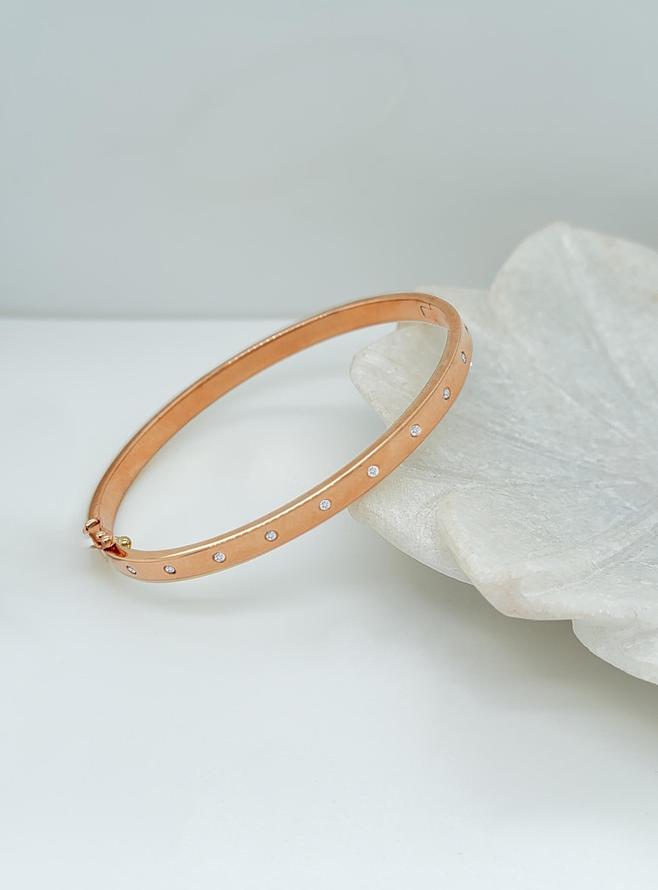 Solid 5mm Diamond Hinged Flat Bangle in 9ct Rose Gold