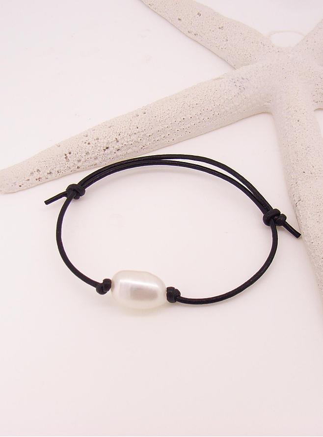 Lulu Black Leather Cord Pearl Adjustable Bracelet